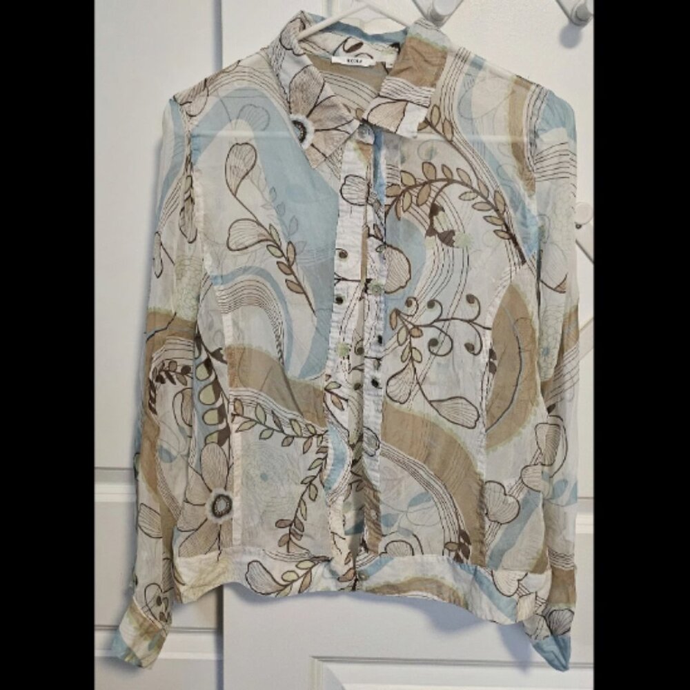 Nicola Sheer Button Up Blouse Women’s M Green Brown Retro Floral Print